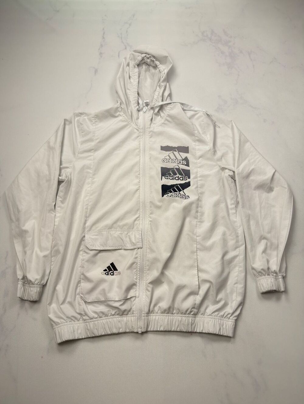 Adidas Windbreaker Jacket White Casual Lightweight Hooded - Mens Large